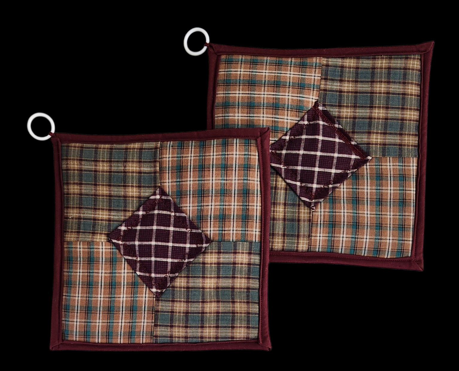 HOT PADS/HOLDERS 8 1/2" Burgundy/Green/Brown Quilt, One of a kind! Pair