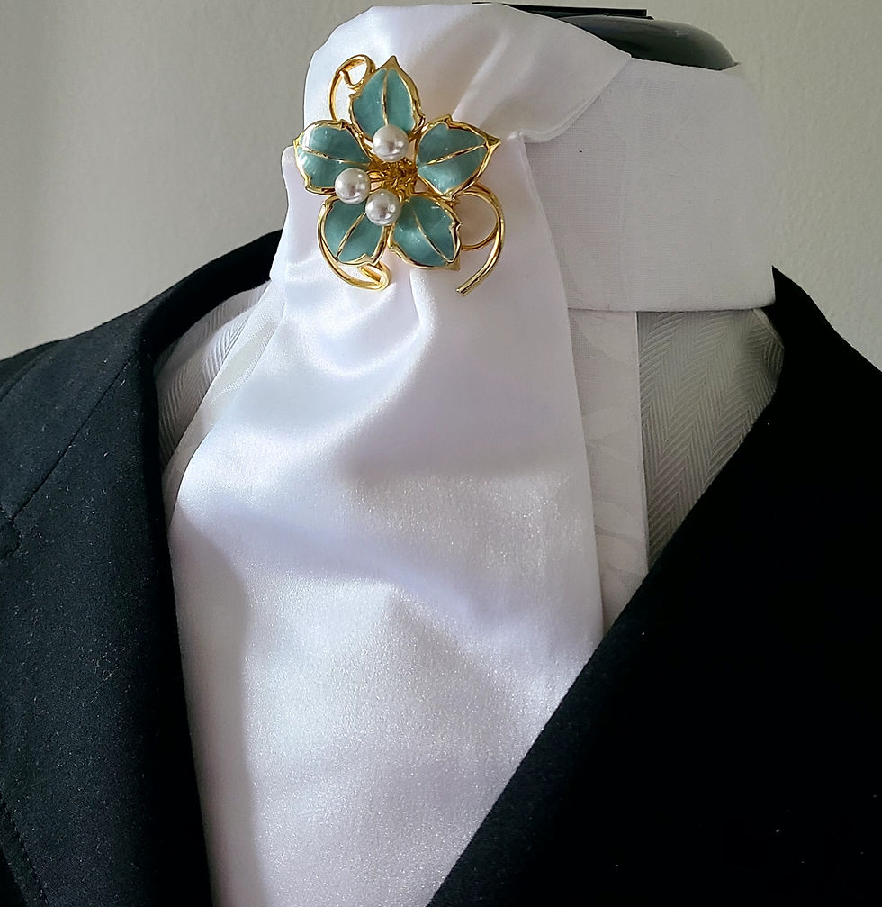 Thumbnail: PRE-TIED Dressage Stock Tie, White with vintage Teal & Gold pin