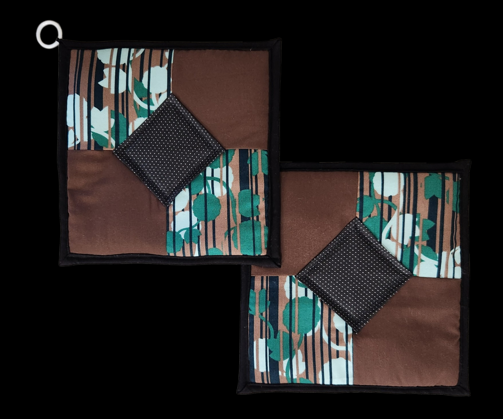 HOT PADS/HOLDERS 8 1/2" Blue/Green/Brown/Black Quilt, One of a kind! Pair