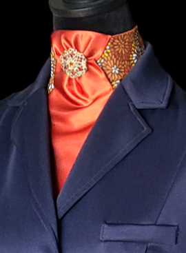 Thumbnail: PRE-TIED Dressage Stock Tie, Brown Floral Burst with Rust Front
