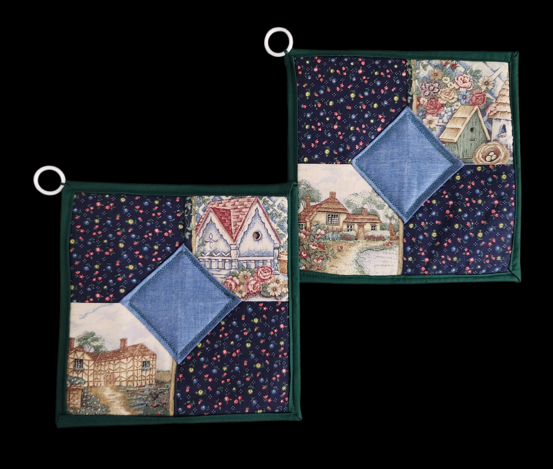 HOT PADS/HOLDERS 8 1/2" Country Cottage Quilt, One of a kind! Pair