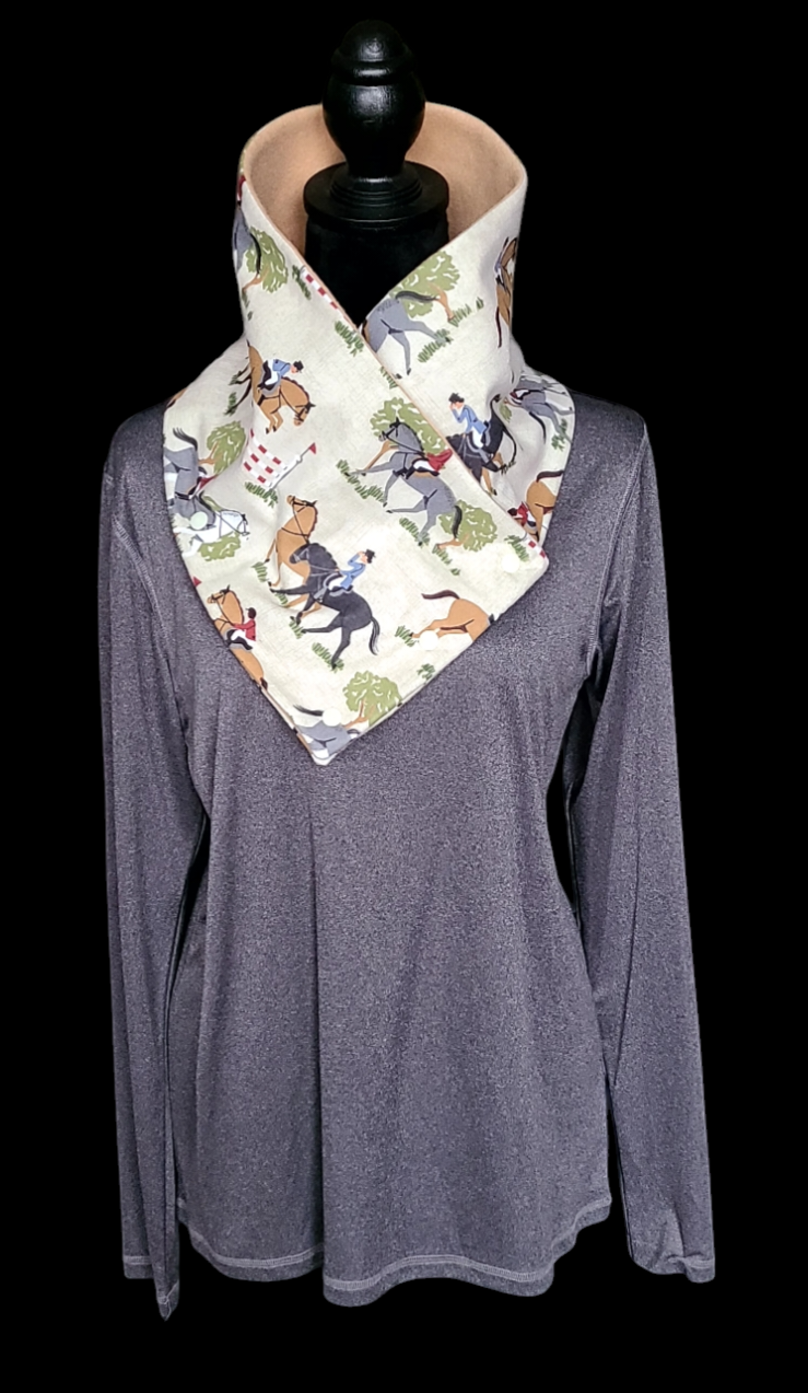 Thumbnail: FLEECE NECK COZY Cowl Scarf, Jumping Horses on tan.  Reversible to brown.