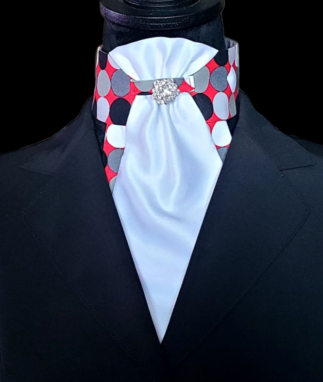 Thumbnail: PRE-TIED Dressage Stock Tie, Red Retro Polka Dot/white