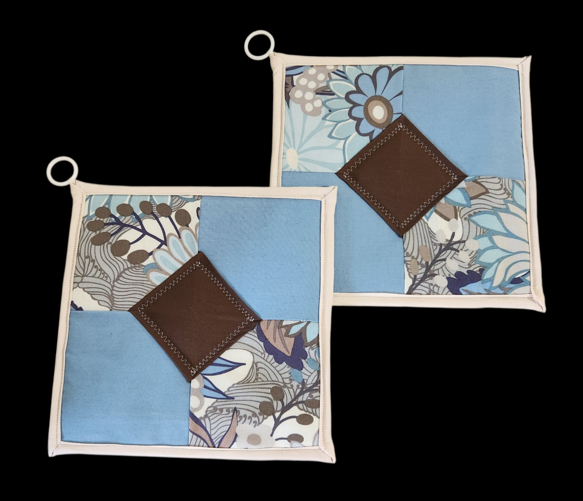 HOT PADS/HOLDERS 8 1/2" Blue & Cream Quilt, One of a kind! Pair