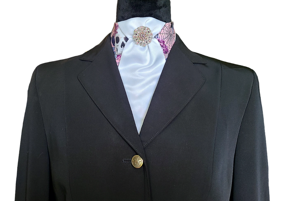 Thumbnail: PRE-TIED Dressage Stock Tie, Pink Skulls and Roses