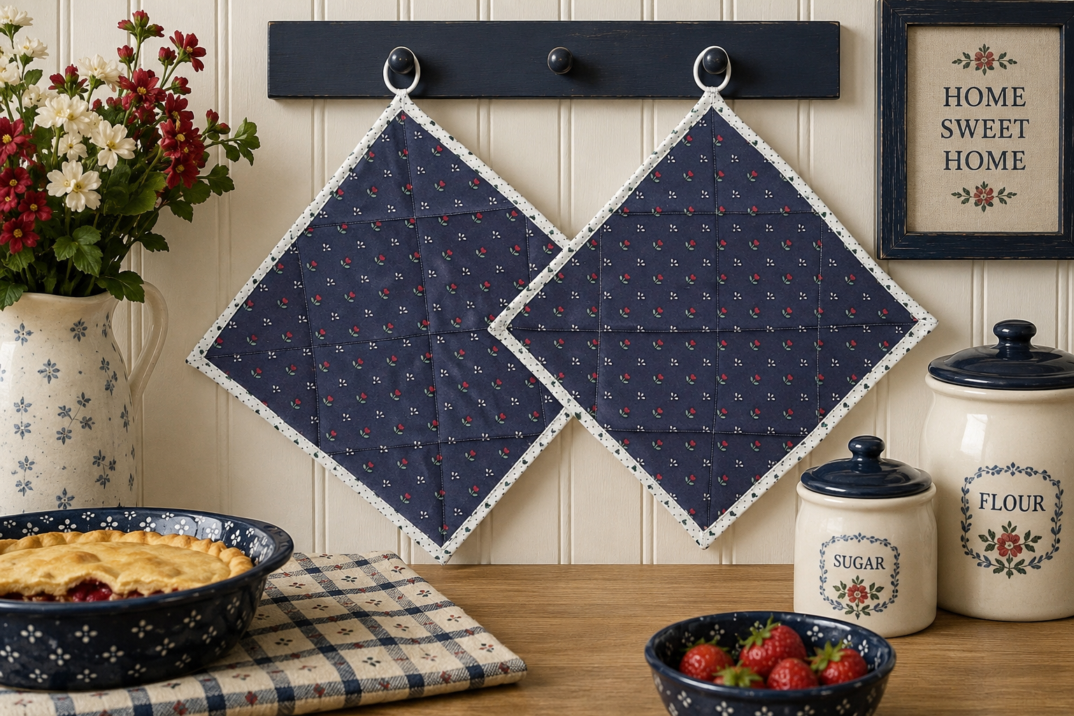 HOT PADS/HOLDERS 8 1/2" Tulips on Navy reversible to Green Hearts, Pair