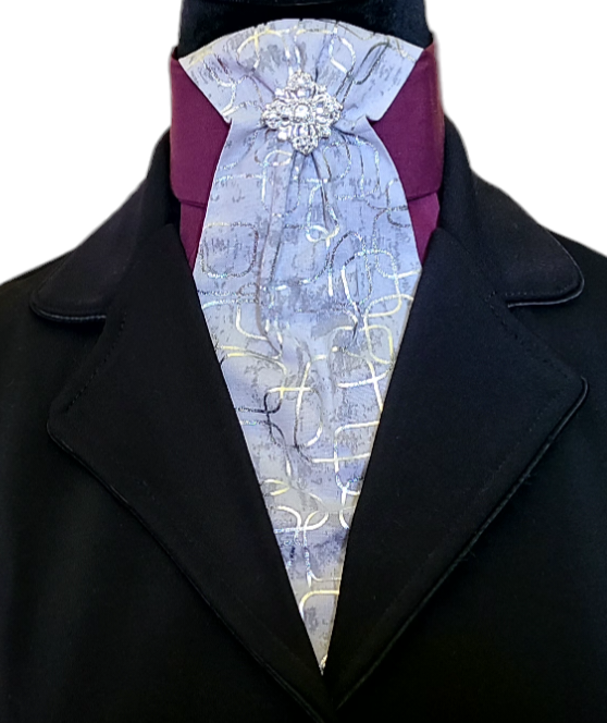 Thumbnail: PRE-TIED Dressage Stock Tie, burgundy with silver (2 options of burgundy)