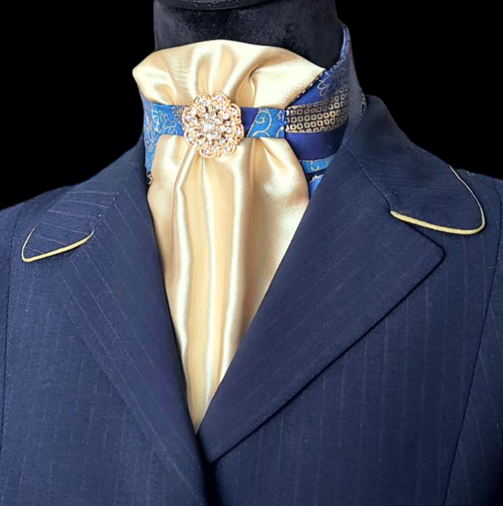 Thumbnail: PRE-TIED ROYAL Dressage Stock Tie, Royal Gold & Blue