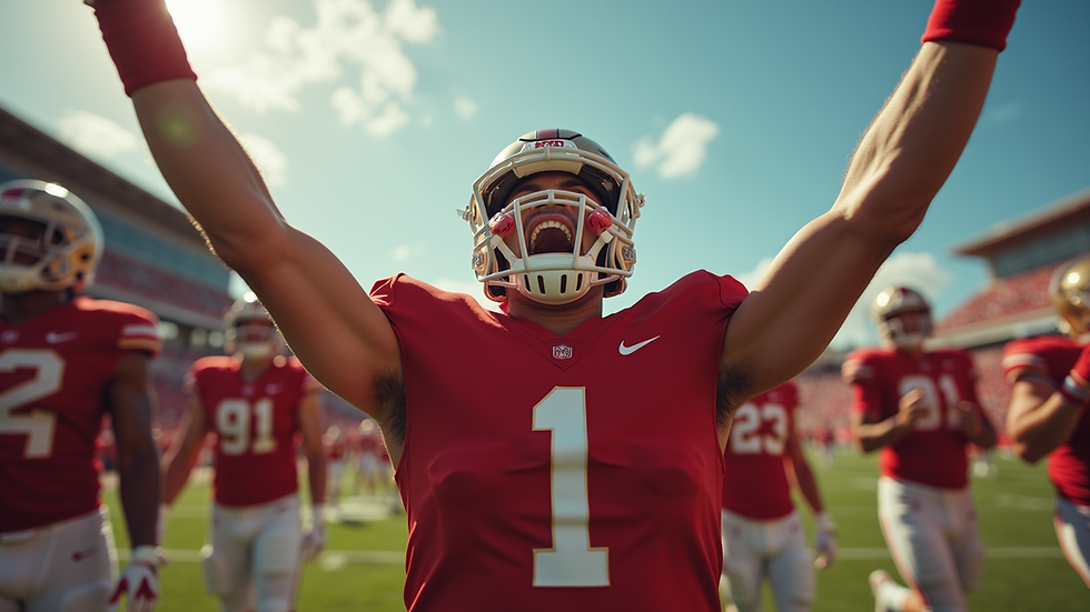 Eye-level view of a college athlete celebrating a victory