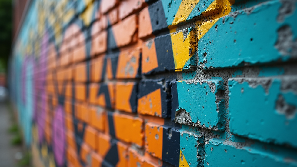 Close-up view of a weathered brick wall with colorful urban graffiti