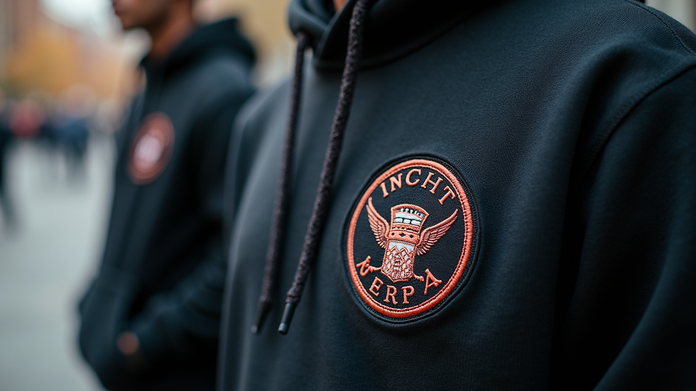 Close-up view of detailed embroidery on a symbolic urban hoodie