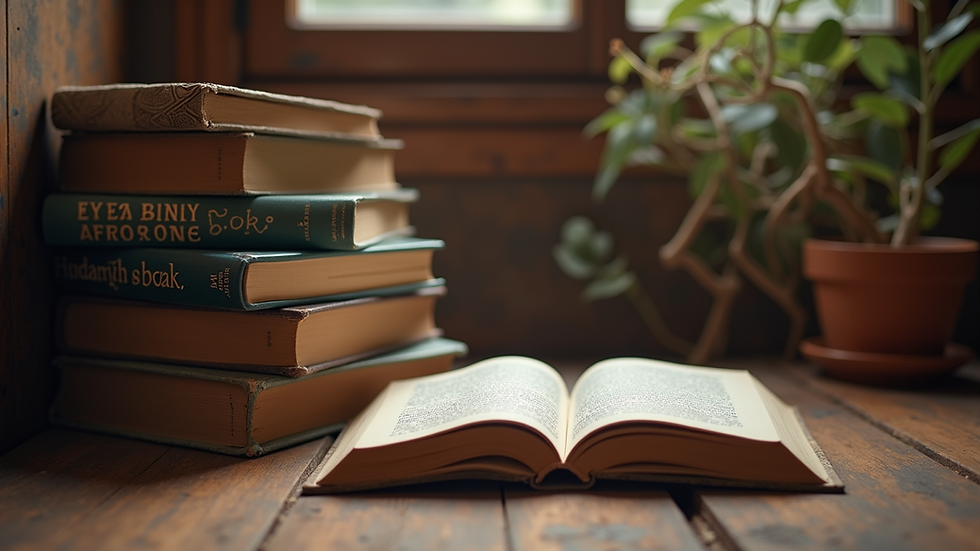 Eye-level view of a cozy reading nook with urban literature books stacked neatly