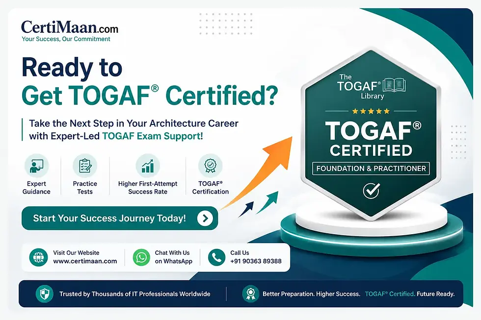TOGAF certification preparation roadmap showing study plan practice tests exam readiness and certification success - CertiMaan