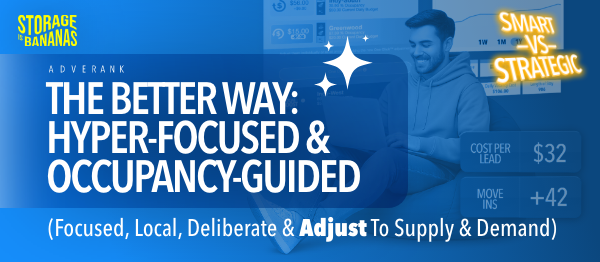 Man smiling at laptop, surrounded by business metrics. Text reads: "The Better Way: Hyper-focused & Occupancy-guided." Blue tones dominate.