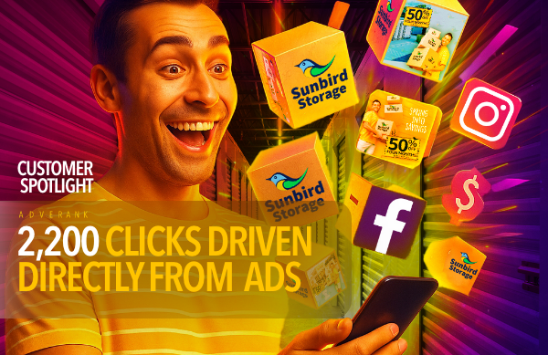 Man smiling at phone with Sunbird Storage boxes floating around. Logos for Facebook, Instagram, and dollar sign visible. Text: 2,200 clicks from ads.
