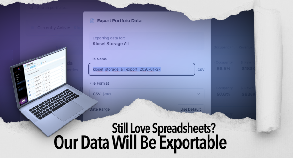 Laptop showing data export screen with text "Still Love Spreadsheets? Our Data Will Be Exportable." Blue and gray color theme.