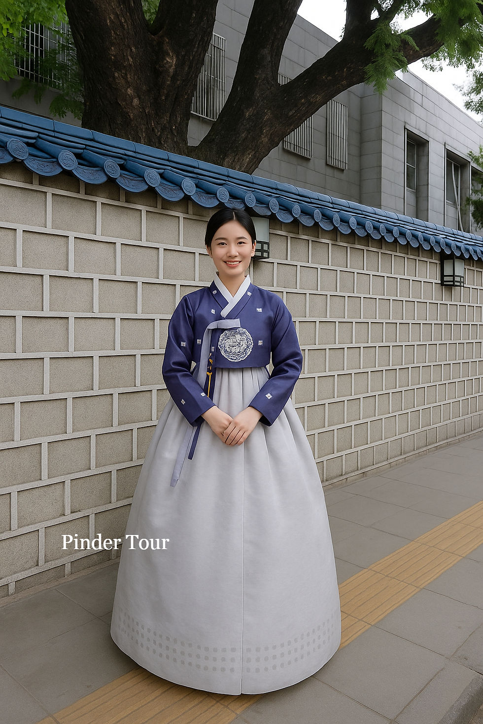 A smiling person in a blue and gray hanbok stands by a brick wall with a blue roof. A tree and building are in the background.