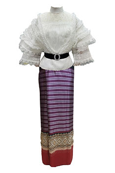 Rama V Thai costume with ruffled lace blouse, black belt, and purple striped silk skirt with gold border.