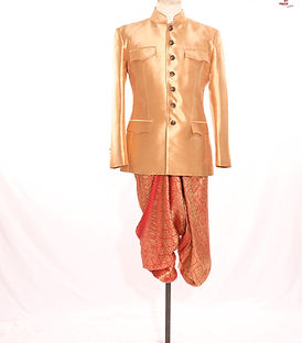 Silk gold size M shirt with chest 102 cm, waist 94 cm, shoulder 15 cm, paired with self-draping chongkaben pants.

