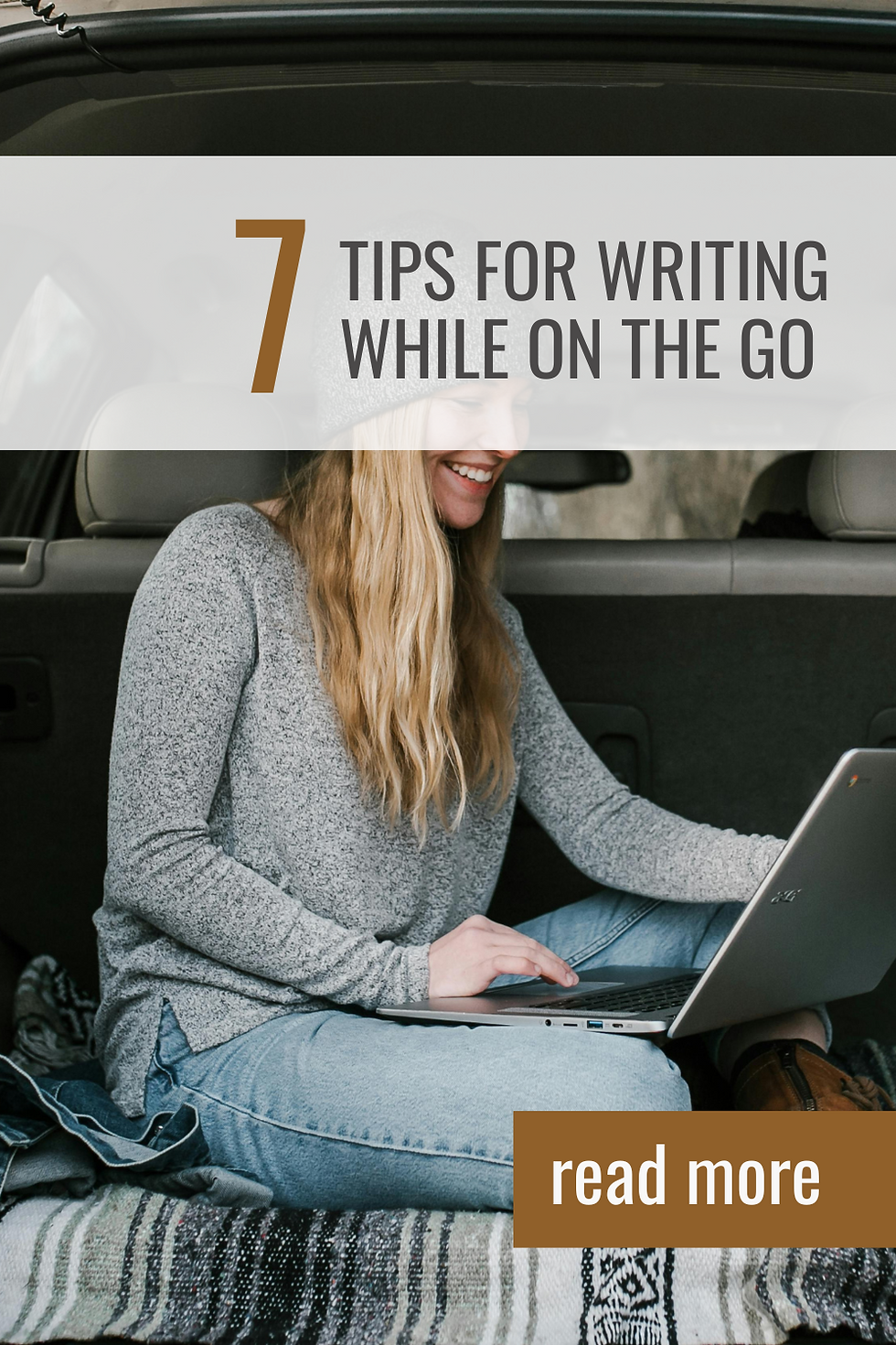 Woman smiling as she types on her laptop while sitting in the open trunk of a van during a backpacking or mountaineering trip, with typography overlaid for the blog title.