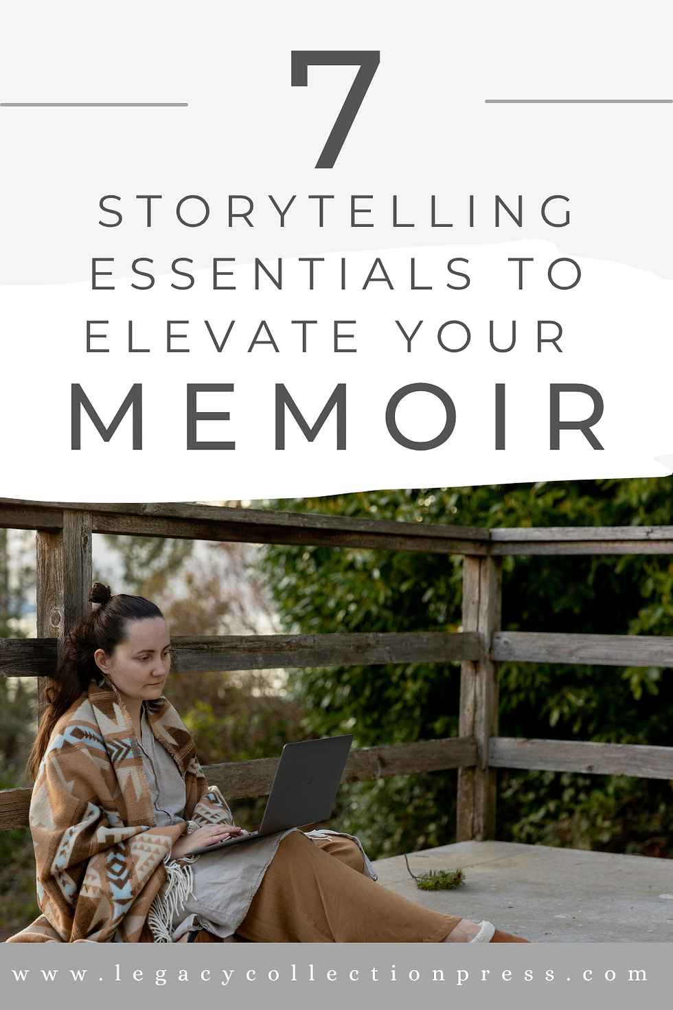 Woman writing her memoir on a laptop while sitting on a forest-view balcony, looking thoughtful and reflective