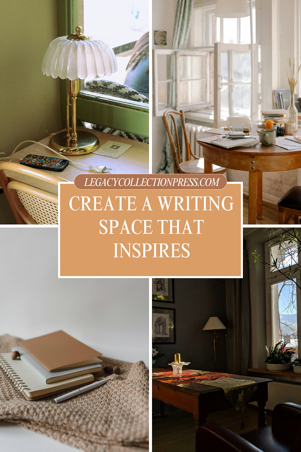 A cozy writing desk setup with a journal, pen, and warm lighting, designed to inspire focus and creativity in a personalized writing space..