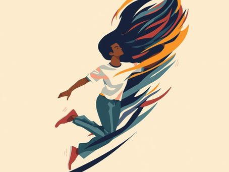 A woman being swept up in a colorful, wild wind.