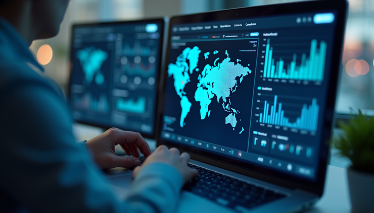 High angle view of a global health data dashboard showing AI-driven analytics