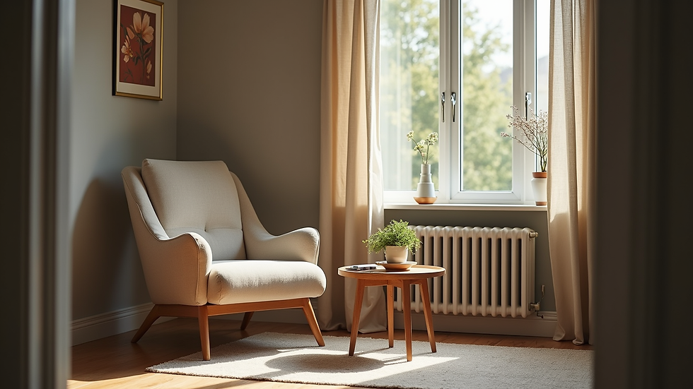 Eye-level view of a cozy living room with a comfortable chair and a side table