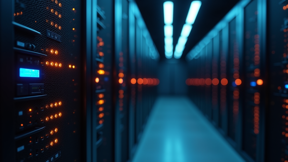 Close-up view of a server rack with blinking lights in a data center