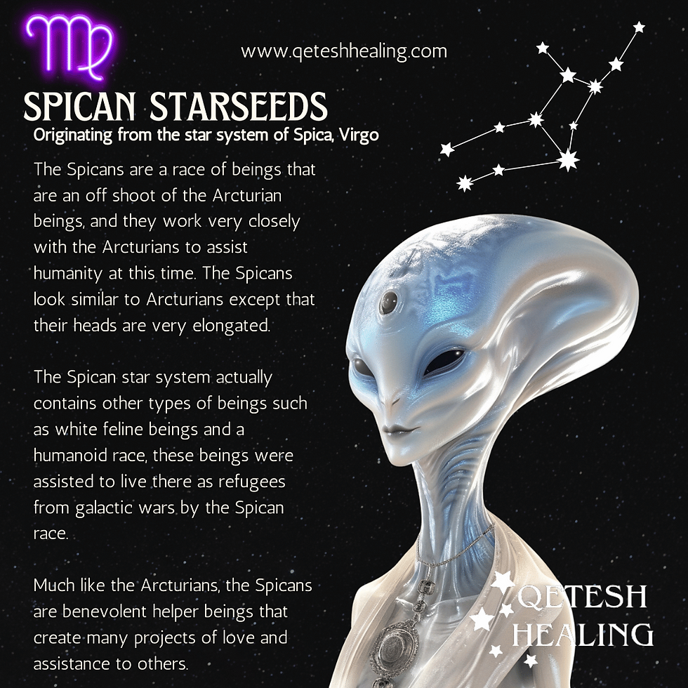 "Discover the Spican Starseeds: A benevolent race from the Spica star system, working with Arcturians to assist humanity. Known for their elongated heads, Spicans welcome diverse beings, offering refuge and creating projects of love and assistance."