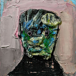 ugly duckling 20, 31cm x 31cm, oil. plastic. latex gloves, dirt and dust on canvas, 2017