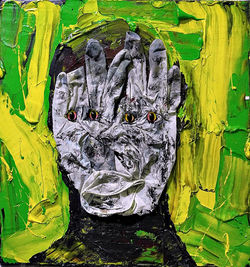 ugly duckling 23, 31cm x 31cm, oil. plastic. latex gloves, dirt and dust on canvas, 2017