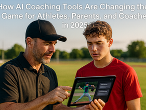 A sports coach and a teenage athlete review AI-powered training insights on a tablet at an outdoor field, with the headline "How AI Coaching Tools Are Changing the Game for Athletes, Parents, and Coaches in 2025" overlaid above them.