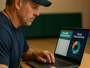 A middle-aged sports coach sits at a desk analyzing player stats and team data on a laptop, using AI-powered tools to plan the offseason.