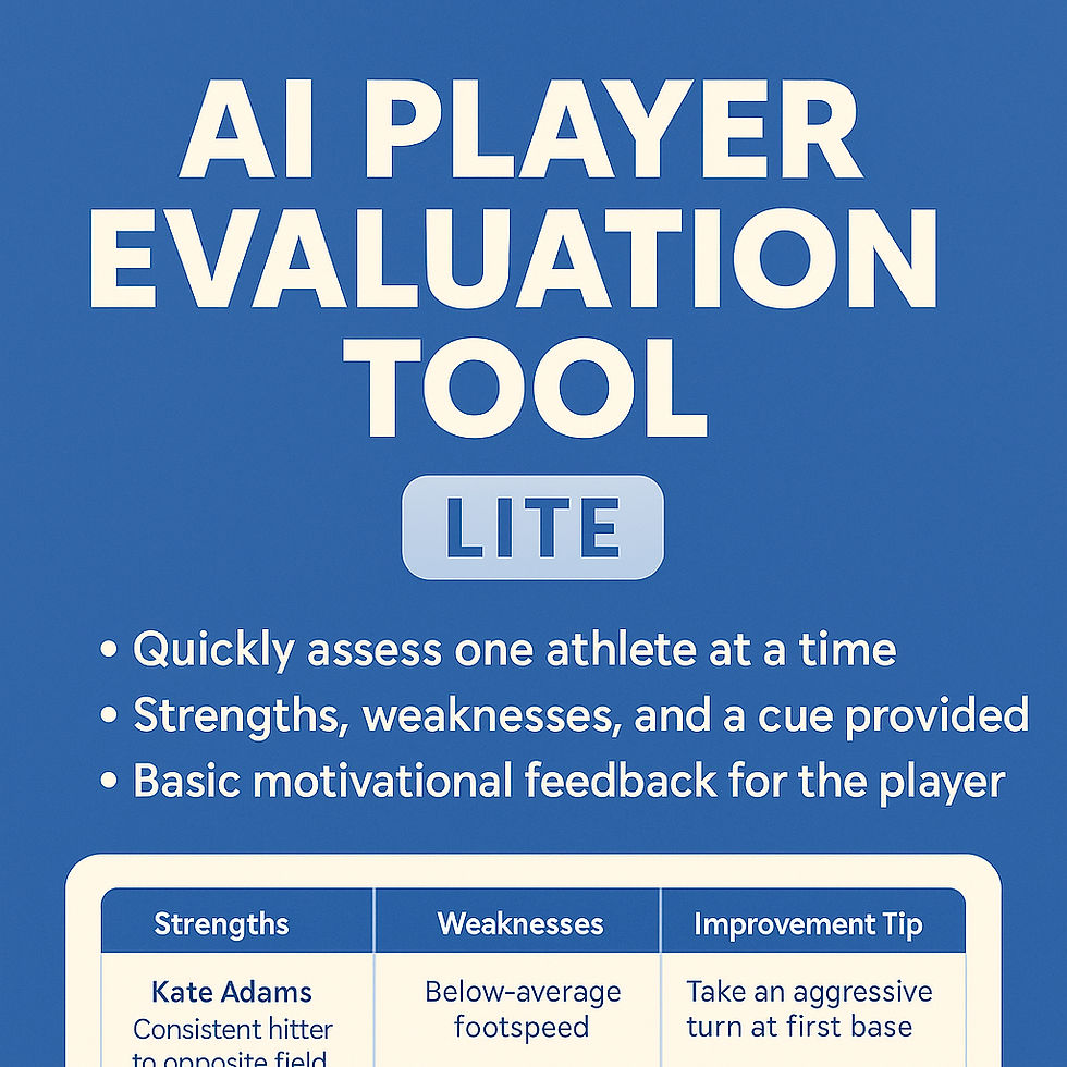 Player Evaluation Tool Lite product graphic showing one-athlete analysis with coaching feedback and drill suggestions from AI