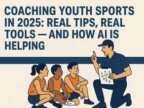 Illustration of a youth sports coach holding a clipboard and giving instructions to a group of diverse young athletes on a field, with bold text reading “Coaching Youth Sports in 2025: Real Tips, Real Tools — and How AI is Helping