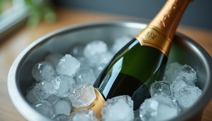 Eye-level view of a chilled bottle of Prosecco in an ice bucket with condensation droplets