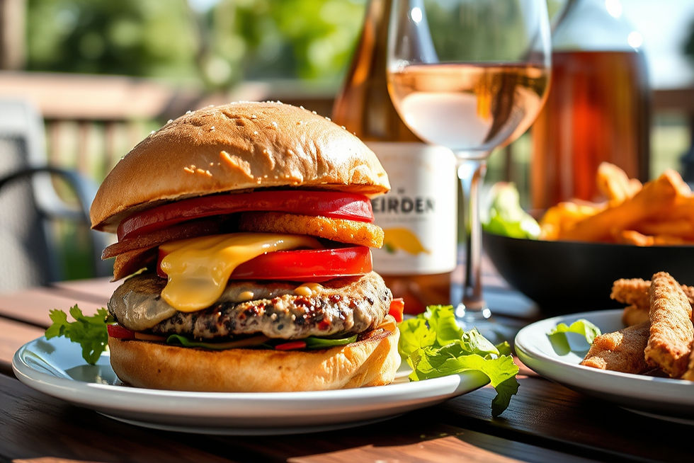 Eye-level view of a BBQ burger with melted cheese and a glass of rosé wine on a wooden picnic table