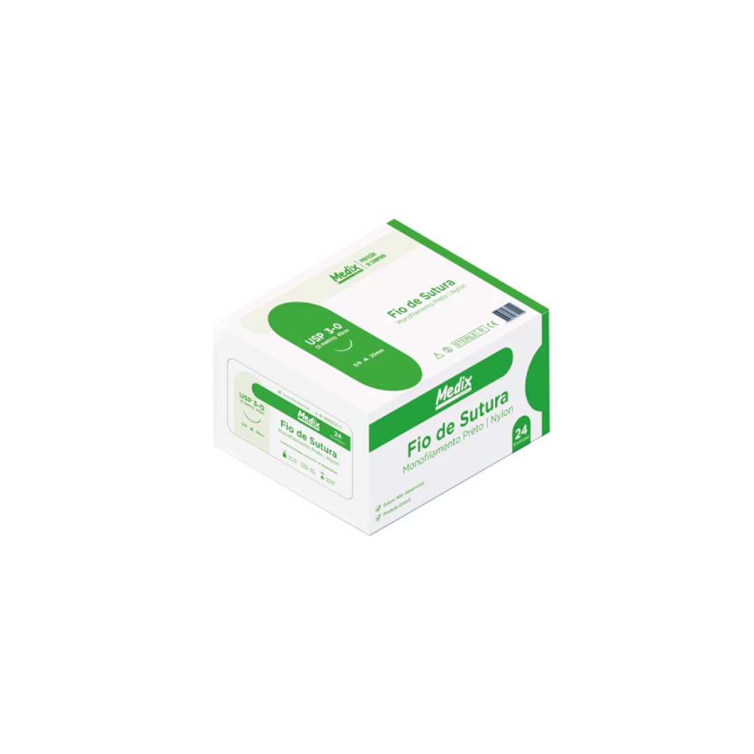 NYLON 3-0 PRETO 45cm C/AG. 2cm 3/8 TRIANG. C/24 MEDIX