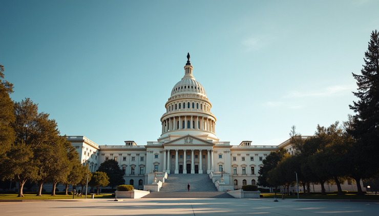 Eye-level view of California state capitol building with clear sky