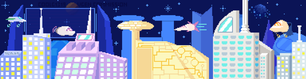 Pixel art banner of a futuristic city landscape with flying cars and stars and two planets in the sky.