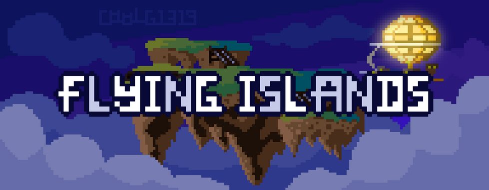 A banner featuring three flying landmasses of various sizes floating among the clouds. An airship is nearby. In the middle is the text "Flying Islands."