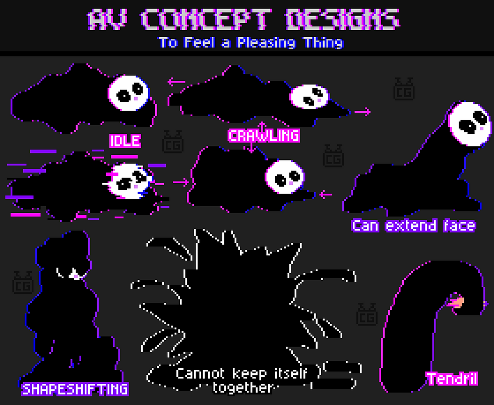 Pixel-art concept sheet of AV's design. Poses: idle, crawling, can extend face, shapeshifting, a version where AV explodes because it cannot keep itself together, and a tendril holding a glitching object.