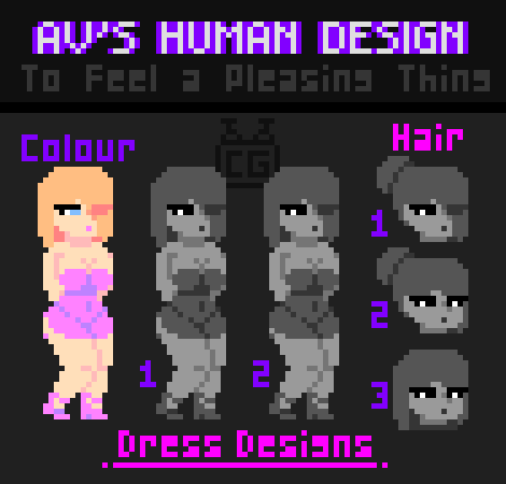 Pixel art sheet showing a blonde woman in pink dress, additional dress designs, and three hair designs.