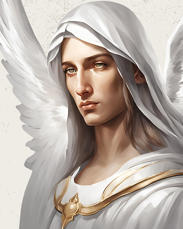 Representação artística do Arcanjo Gabriel, com vestes brancas, detalhes dourados e asas angelicais.