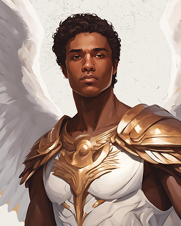 Representação artística do Arcanjo Uriel, com asas brancas, armadura dourada e uma expressão forte e confiante.