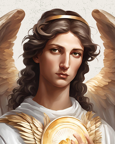 Representação artística do Arcanjo Rafael, com asas douradas, cabelos cacheados e um emblema dourado resplandecente, vestindo túnicas brancas.