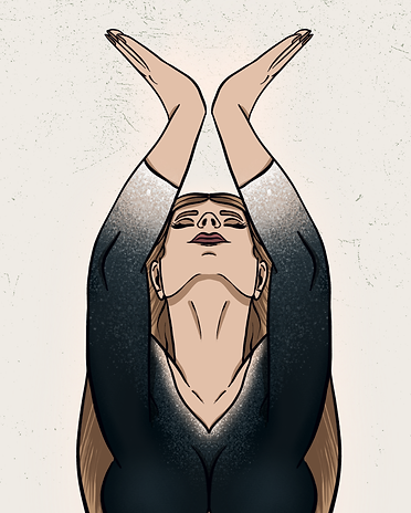 Mulher com uma roupa de gradiente preto, braços erguidos graciosamente em um gesto de lótus, expressando paz e alinhamento espiritual.