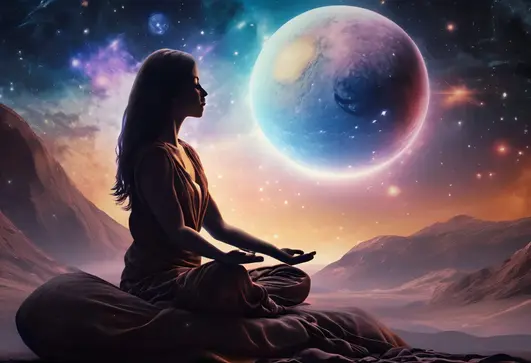 Silhouetted woman meditating on a cushion in a cosmic landscape, with a large glowing planet and distant stars in the sky.